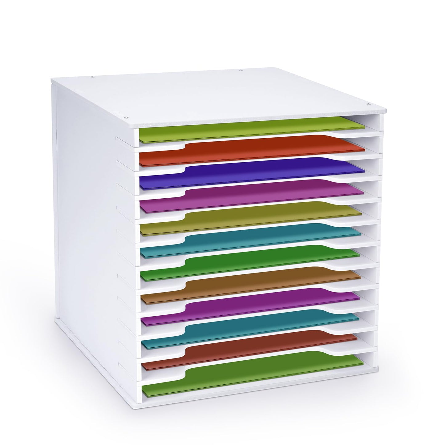 bimiti Scrapbook Paper Organizer - Adjustable 12-Slot Desktop Shelf, 12x12 Paper Storage Cube with Letter Tray for Home Office - White