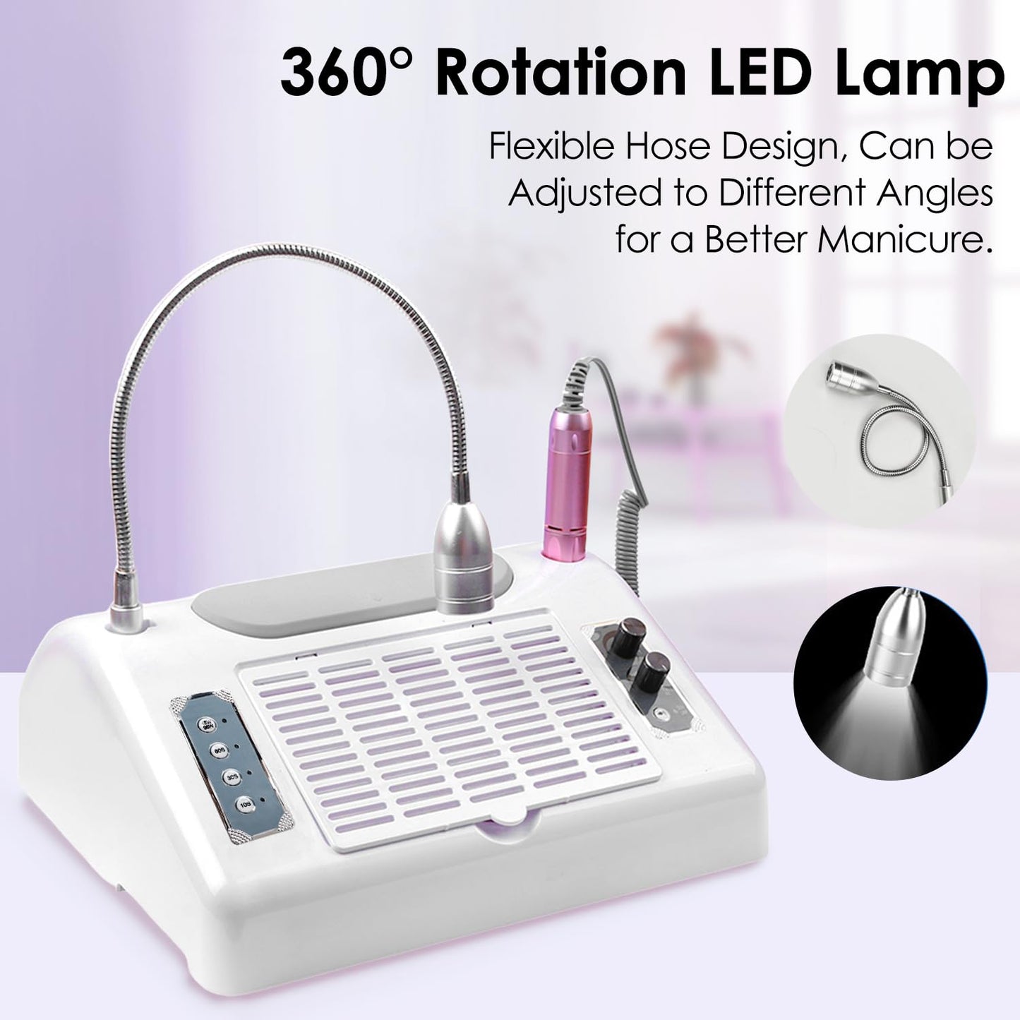 Nail Dust Collector Vacuum Multifunction Nail Art Machine Includes 40W Nail Dust Suction, 30000PRM Nail Drill with Bits and Sanding Bands, 48W/96W UV LED Nail Lamp, 6W Table Light, Hand Cushion