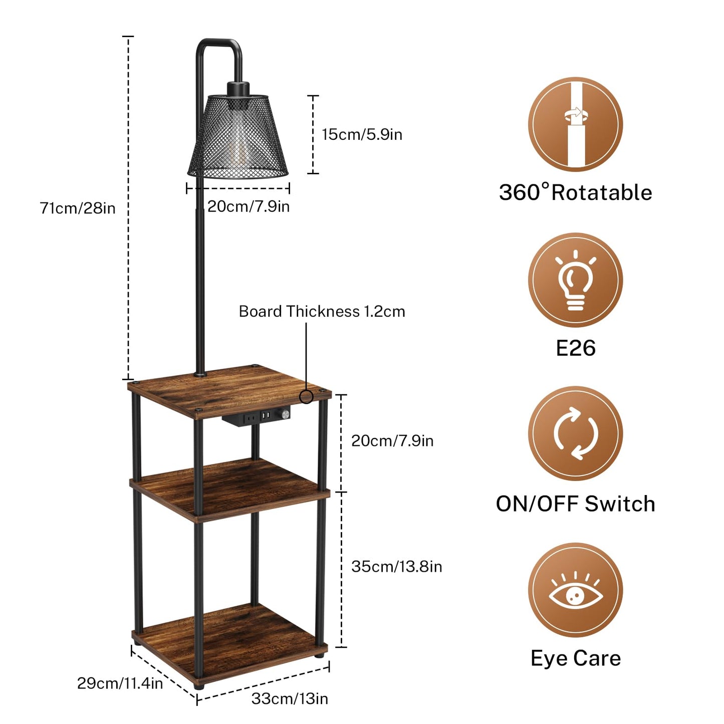 Pazarfami Floor Lamp with Table,Foor Lamp with Shelves,Side Table with USB Charging Port and Outlet,Modern Bedside Nightstand End Table with Lamp for Living Room,Bedroom,Guest Room,Bulb Included