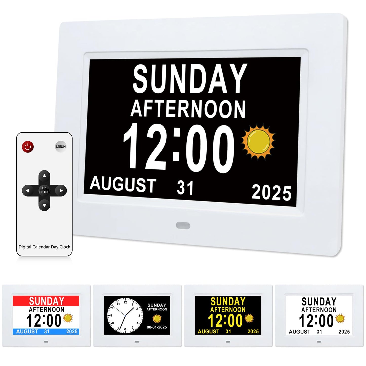 Dementia Clock for Seniors 7" Large Display Digital Calendar Day Clock,15 Custom Reminders, Alarm Clock with Day and Date,Auto-Dimmer,Electronic Calendar for Elderly Alzheimer's White-Remote Control