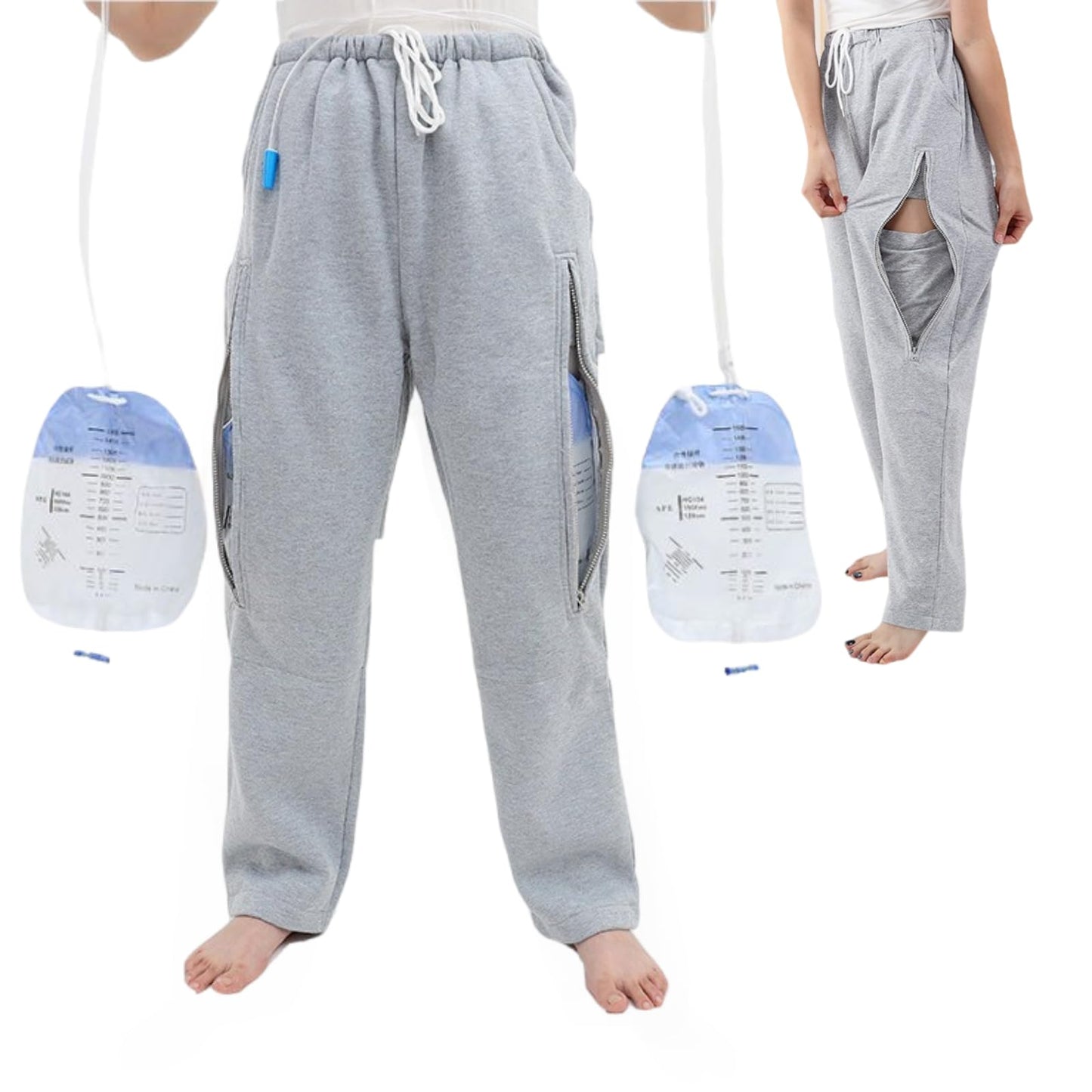 Catheter Leg Bag Pants, Urine Bag Holder Pants for Men/Women, Double Zippered Pockets Holding two 2000ml Catheter Bags for Nephrostomy, Cystostomy, Foley (L, Grey)