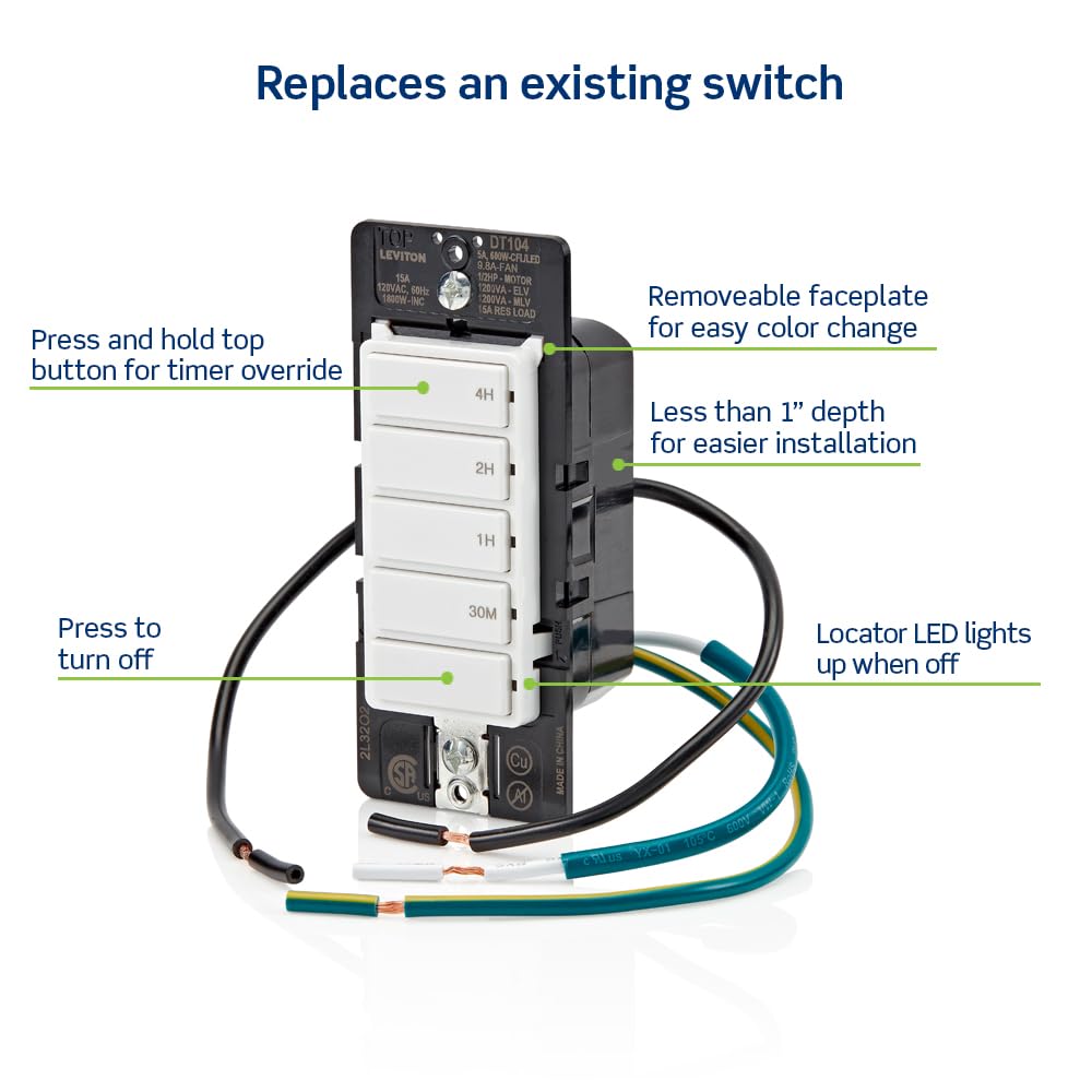 Leviton Countdown Timer Switch for Household Lights, heaters and Exhaust Fans, 30 min, 1-2-4 Hour, No Neutral Wire Required, Single Pole, 15A, 1/2 HP/9.8A Fan/Motor, DT104-1LW, White