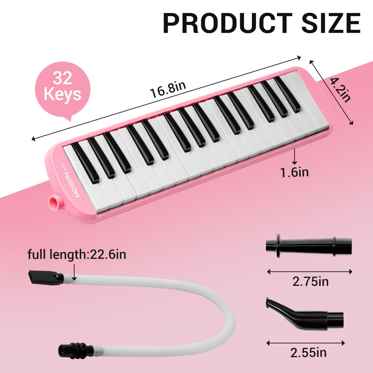 MOSEN 32 Keys Melodica Instrument, Air Piano Keyboard Pianica Soprano Melodica with 2 Soft Long Tubes, Short Mouthpieces, Carrying Bag, Pink