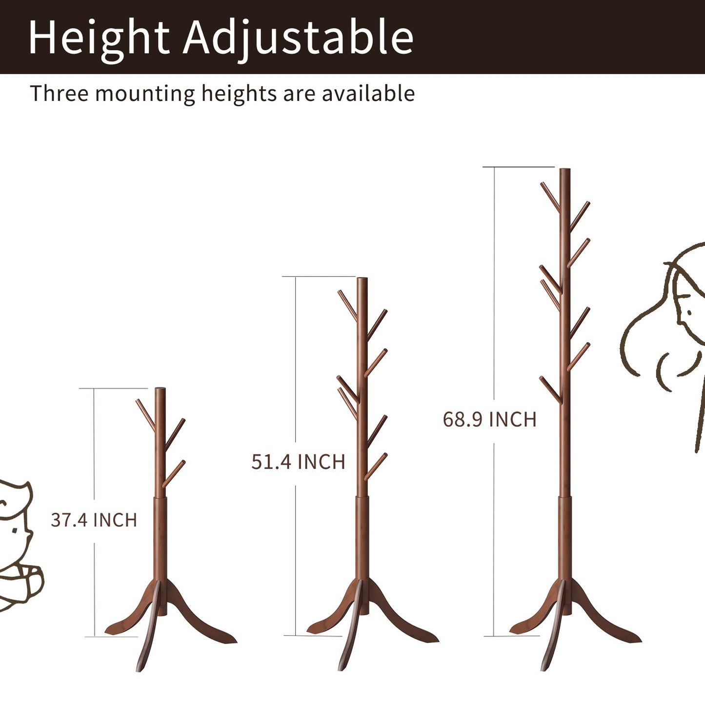 Furshus Coat Rack Freestanding, Coat Stands Entryway, Bamboo Coat Rack Hat Hanger 8 Hook for Jacket, Purse, Scarf Rack, Umbrella Tree Stand (Brown)