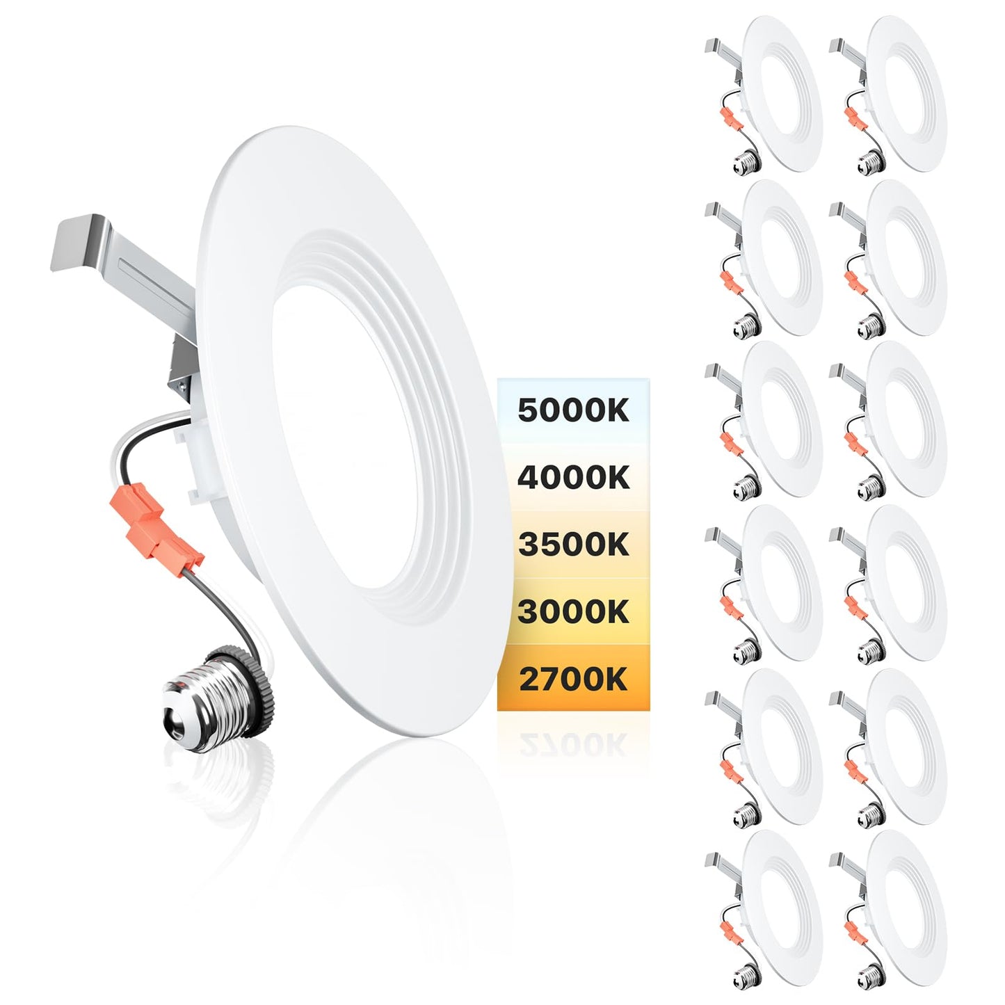 Ensenior 5/6 Inch 5CCT LED Pot Lights 12 Pack, Retrofit Recessed Led Ceiling Lighting, Baffle Trim, Dimmable, 9W=110W, 1000LM, 2700K/3000K/3500K/4000K/5000K Selectable, IC Rated - FCC(12, 6 Inch)