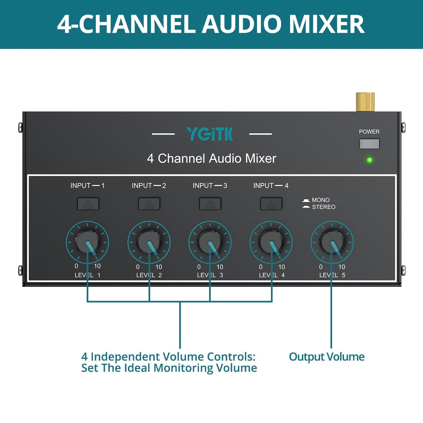 4 Channel Audio Mixer, Mini Karaoke Mixer, 3.5mm&6.35mm I/O Interface, Mono/Stereo Mixer, Independent Control and Switch, Sound Mixer for Guitars, Bass, Keyboards, Stage, Dynamic Microphone