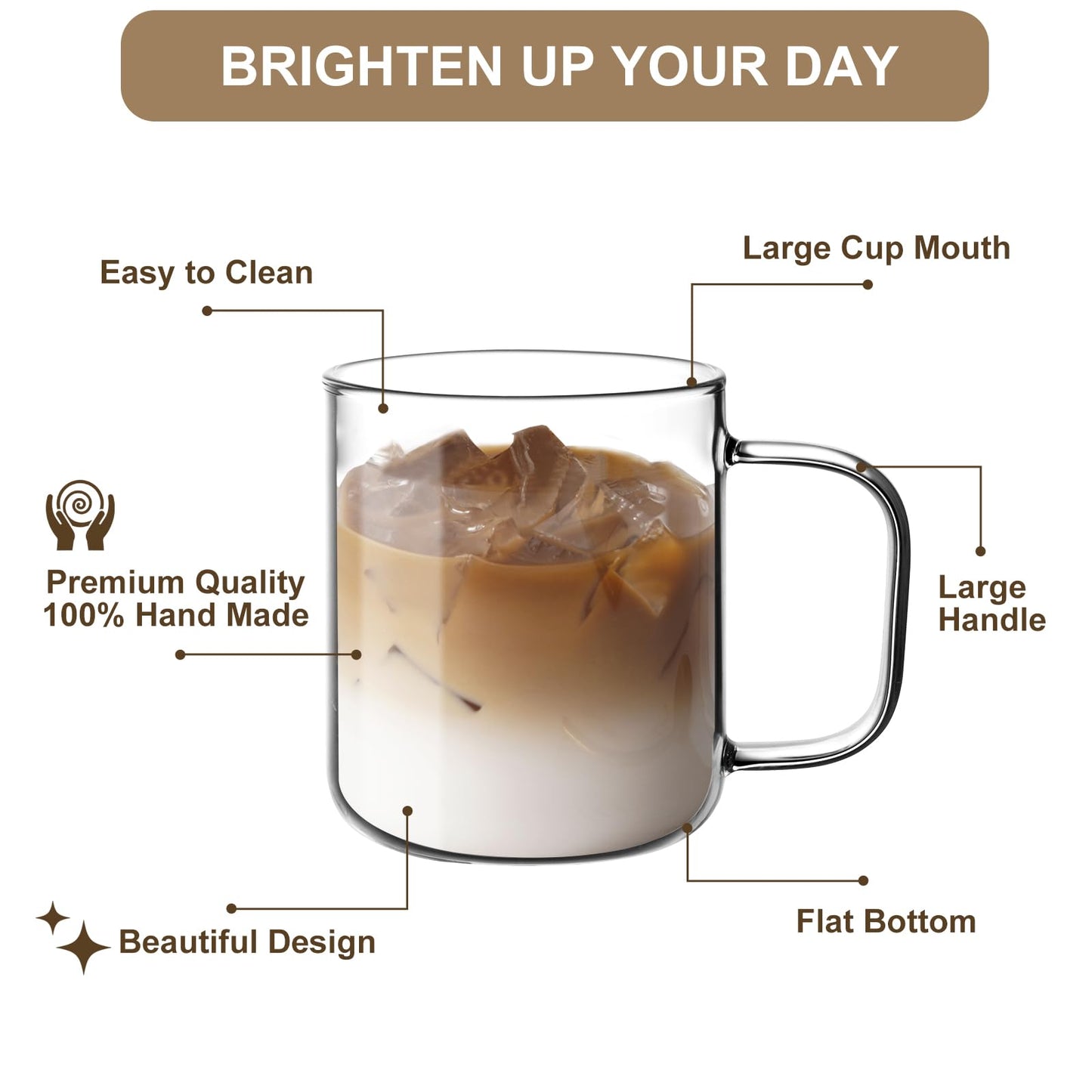 Rechano 17oz/500ml Glass Coffee Mugs Set of 4, Clear Large Wide Mouth Drinking Glasses with Big Handle for Hot/Iced Beverage, Latte, Cappuccino, Juice, Tea, Milk, Dishwasher Safe