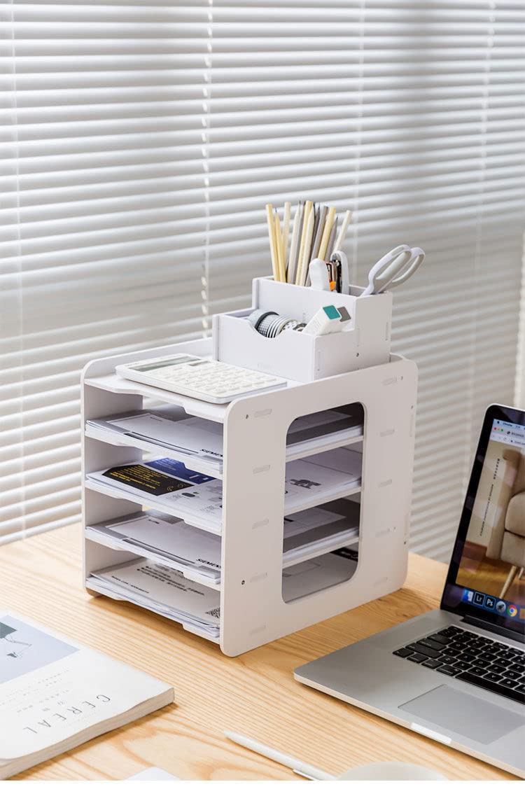 YHLZLW Paper Organizer for Desk,White Desk Organizers and Storage File Holder,Letter Tray and A4 Paper Holder for Office Home and School Classroom (Size：5-Tier) (White, 5-Tier)