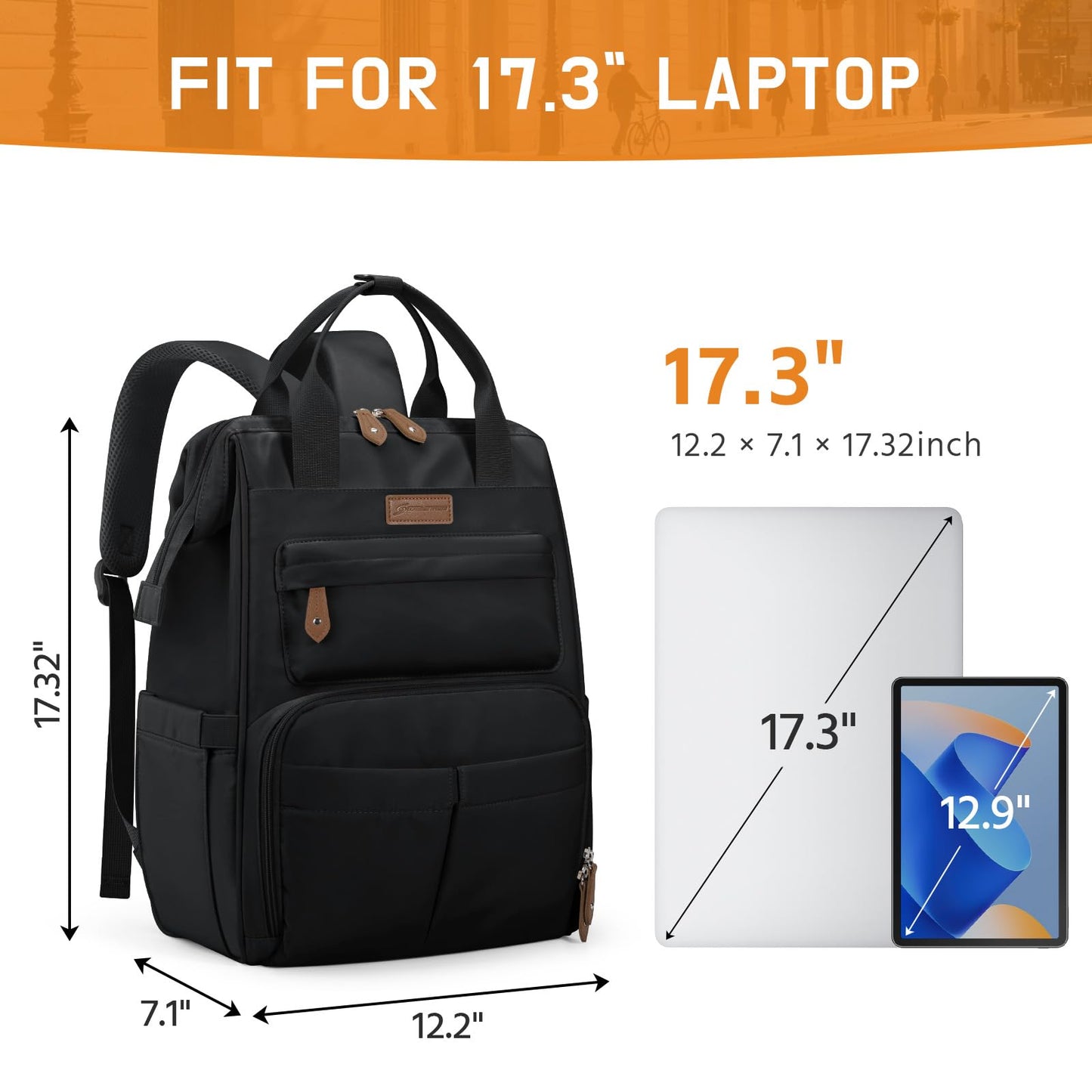 Maelstrom Laptop Backpack for Women Men, Waterproof Travel Backpack, Anti-Theft Computer Work Bag with Luggage Strap (Black-17.3Inch)