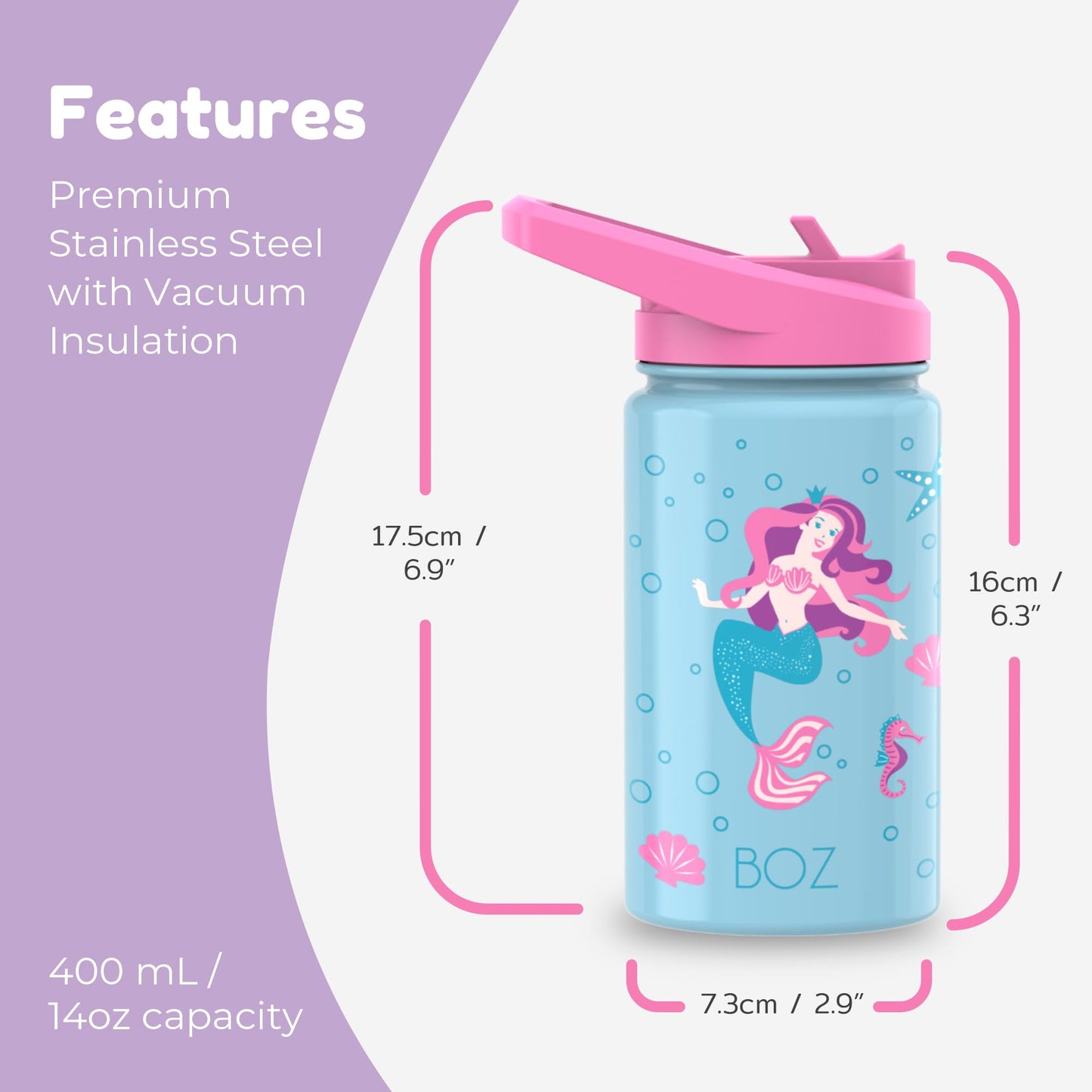 BOZ Kids Insulated Water Bottle with Straw Lid - Two-Pack Unicorn/Mermaid Stainless Steel Vacuum Double Wall Toddler Bottle, 14 oz (414ml) Scratch-Resistant and Dishwasher-Safe