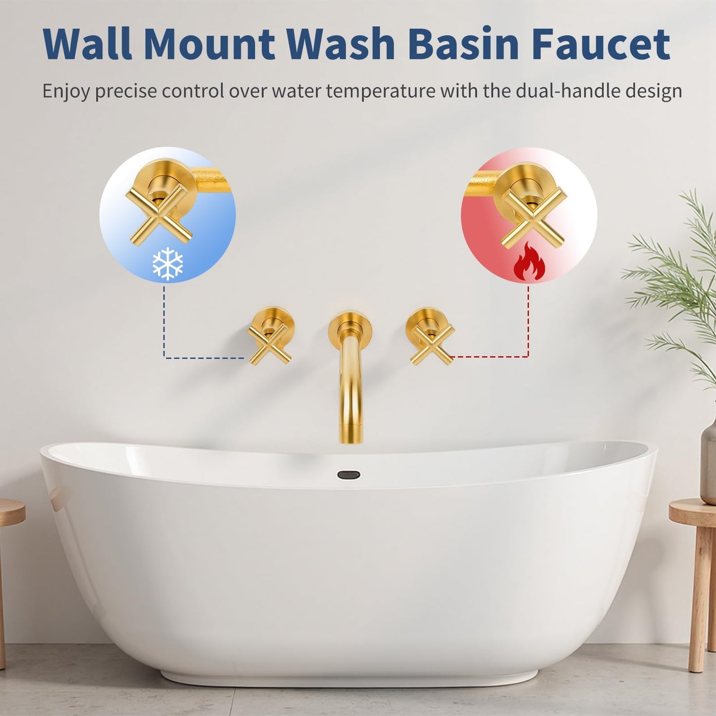 Noliven Brushed Gold Wall Mount Faucet, Brushed Brass Bathroom Sink Faucet, 2 Cross Handle Wall Mount Vessel Sink Faucet for Vanity Lavatory Sink, Wall Mounted, Rough-in Brass Valve Included