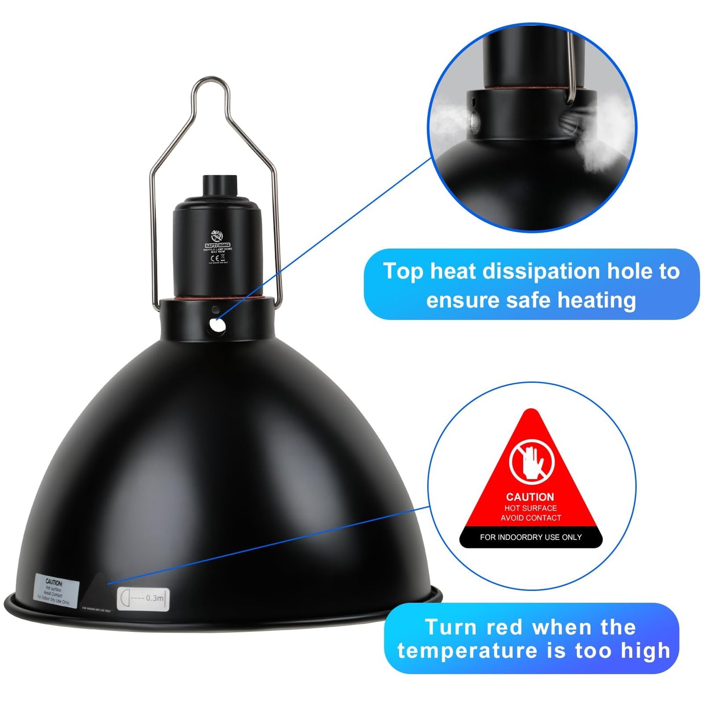 REPTI HOME Reptile Light Fixture - 8.5inch Dome Heat Lamp Fixture, UVB Heat Basking Lamp Fixture for Amphibian Reptile Terrariums
