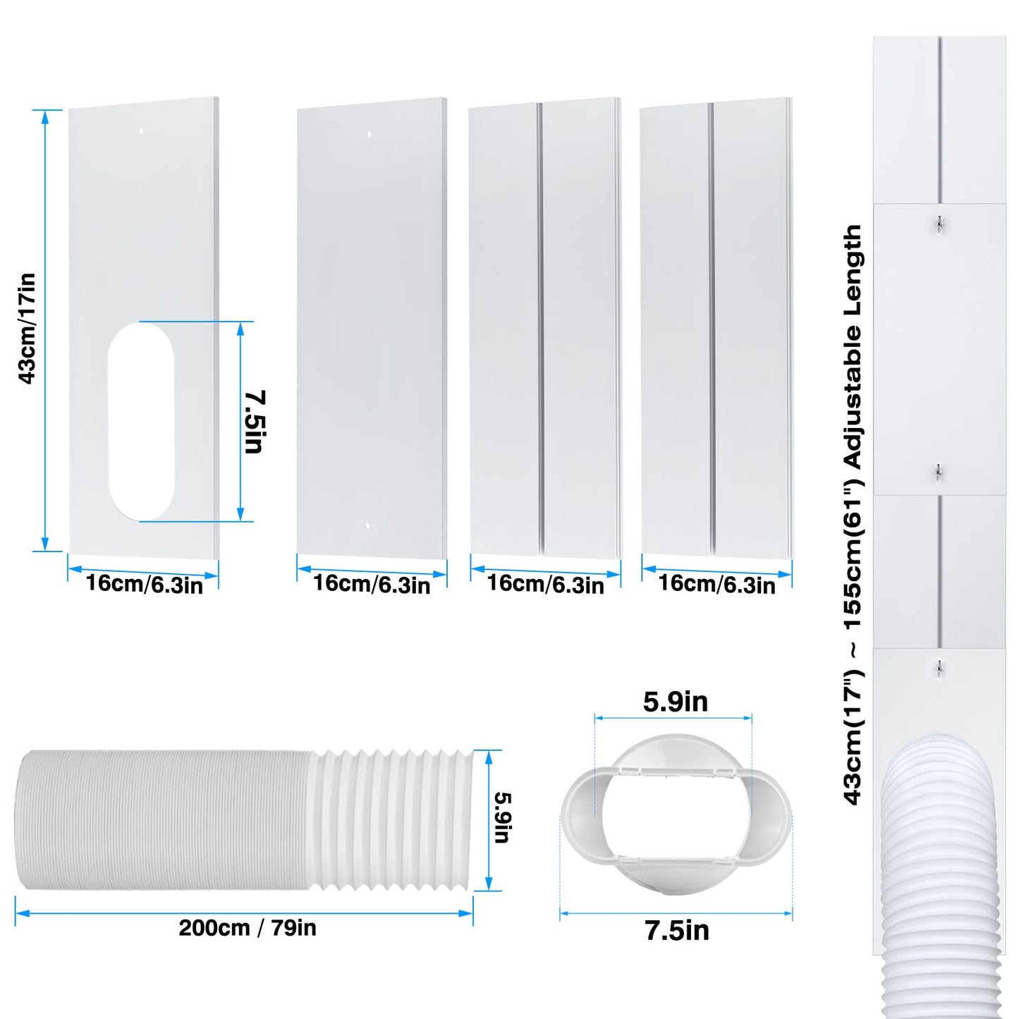 Upgrade Portable AC Window Vent Kit with 5.9Inch Exhaust Hose(79Inch Length),Portable Air Conditioner Window kit,Adjustable Length 17" to 61" for Vertical & Horizontal Sliding Window