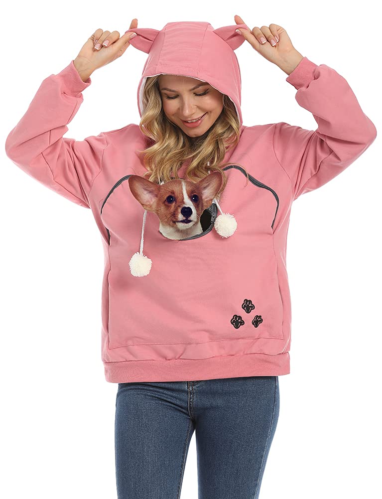 ZIIFULLHOU Women Pet Carrier Sweatshirt Puppy Kitten Holding Hoodies Long Sleeve Pouch Tops, Red, XX-Large-3X-Large