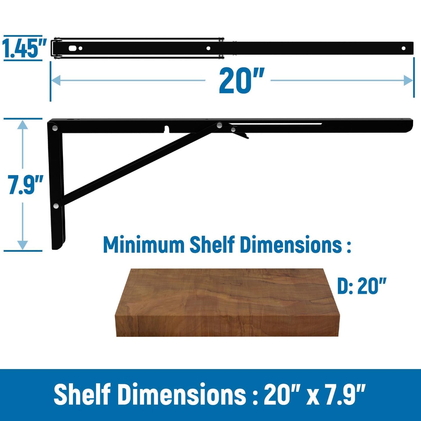LEOPO 20 inch Folding Shelf Brackets, Heavy Duty Wall Mounted Shelf Bracket, 2 Pack, Black