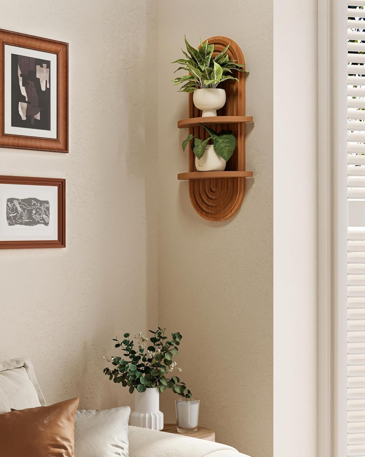 Aoipend Boho Wall Decor Brown Plant Wall Shelf, Mid Century Modern Decor Hanging Plant Shelf, 2-Tier Wooden Floating Shelves for Home, Bathroom Bedroom Living Room, Office Holding Planter