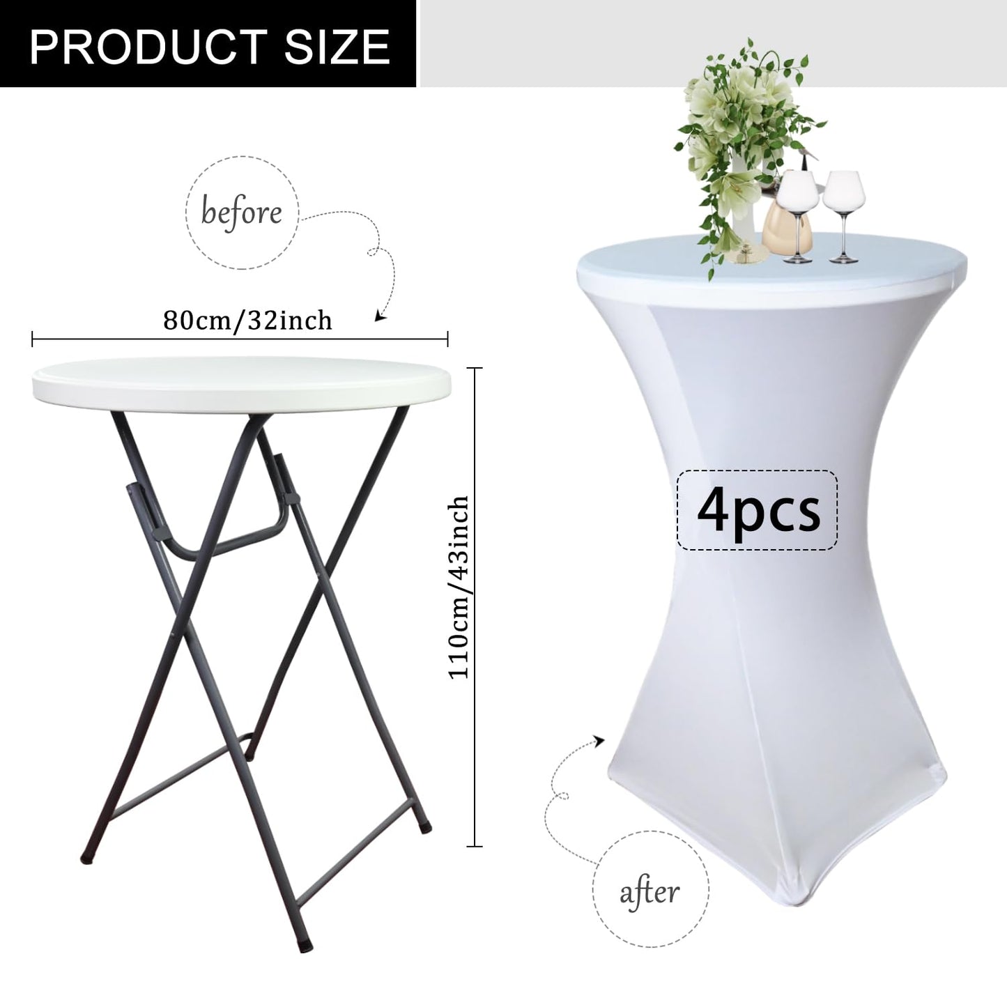 White Cocktail Spandex Stretch Square Corners Tablecloth Set of 4Pack|32"x43" Cocktail Round Tablecloth|Stain 、Wrinkle Resistant、Washable for Bar Wedding Cocktail Party Banquet Table