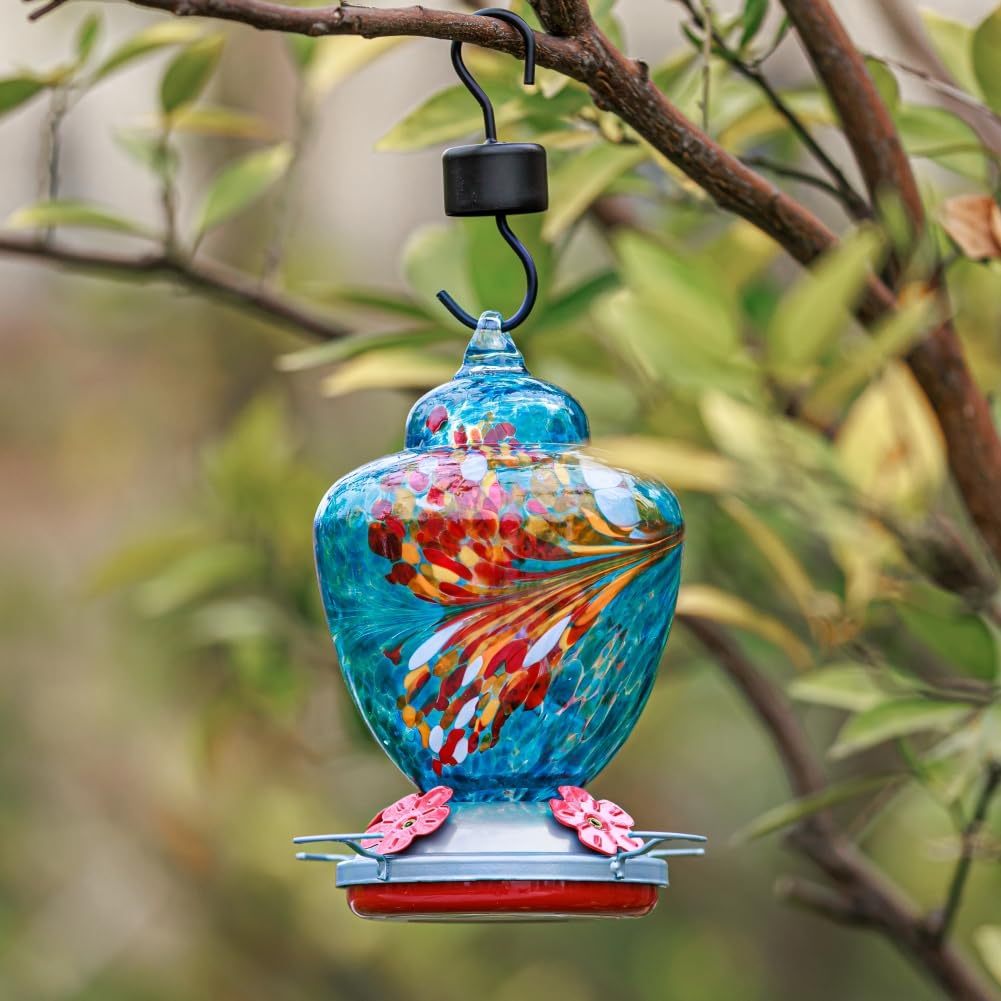 Hummingbird Feeder with Perch - Hand Blown Glass - 38 Fluid Ounces Blue Hummingbird Nectar Capacity Including Hanging Wires and Moat Hook Blue