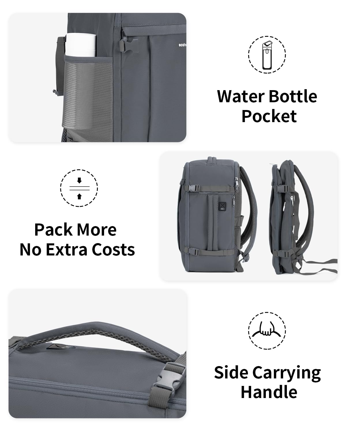 ECOHUB Travel Backpack for Women Men 17.3" Laptop Backpack Flight Approve Carry On Backpack Luggage with USB Charging Port Anti Theft Water Resistant Travel School Casual Work Backpacks 30L Grey