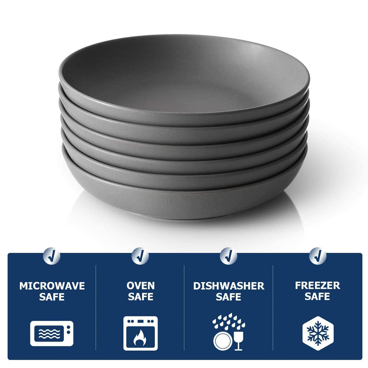 Y YHY Pasta Bowls 30oz, Large Salad Serving Bowls, Porcelain Soup Bowls, Grey Pasta Plates Set of 6, Wide and Flat, Microwave Dishwasher Safe, Grey Matte