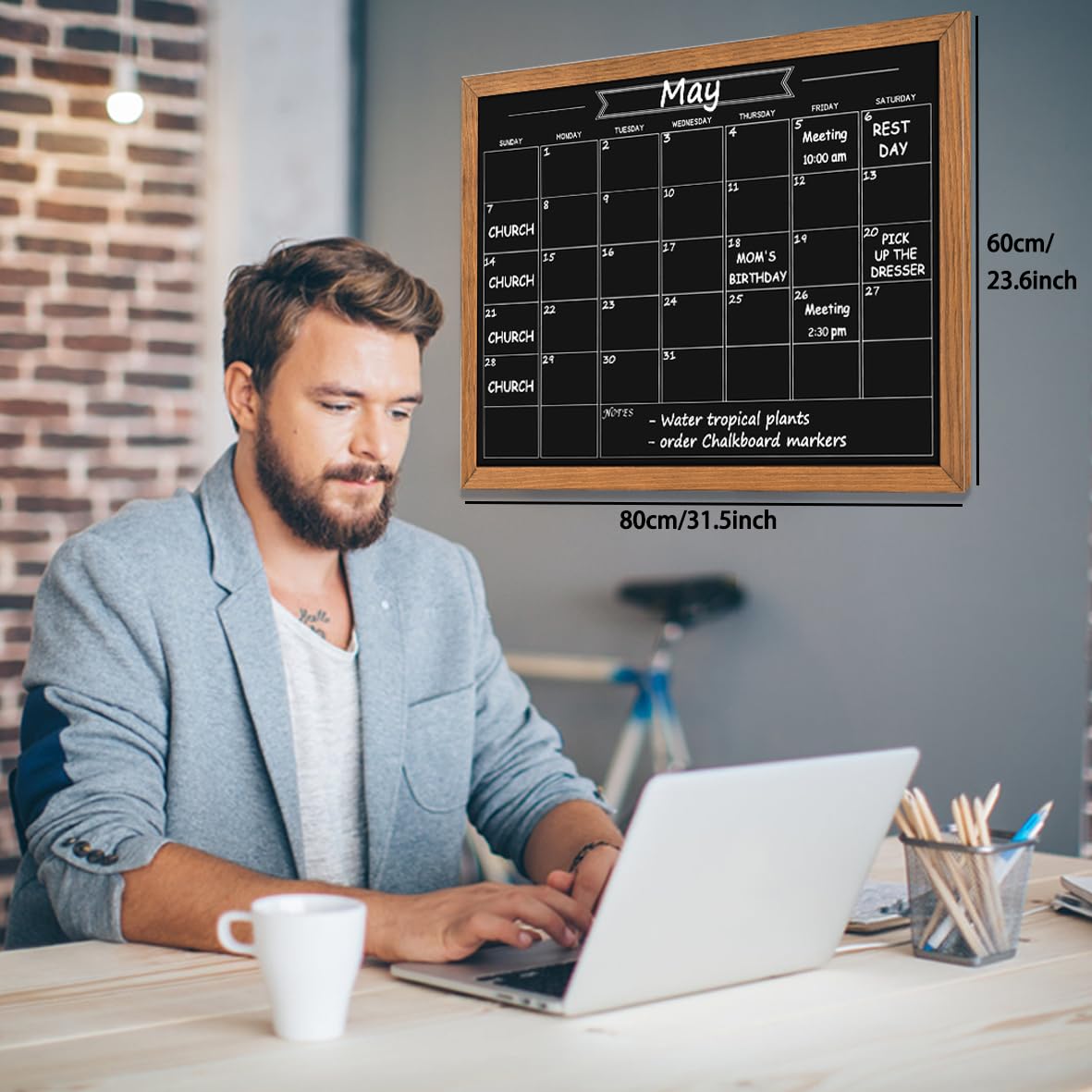 Umtiti Calendar Chalkboard, 23.6" * 31.5", Magnetic Surface Rustic Brown Solid Pine Wood Frame Chalk Board for Planning/School Timetable/Memo, Hanging Board for Office, School and Home(YLHB-QZ-6080