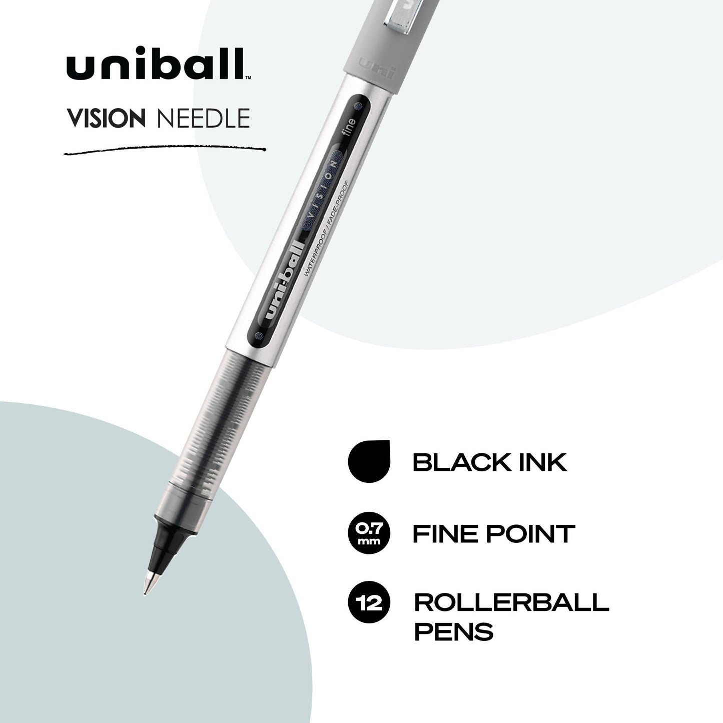 uni-ball VISION NEEDLE Rollerball, Stick Roller Ball Pen Fine-0.7mm, 12 Pack, Black Ink (1734903)