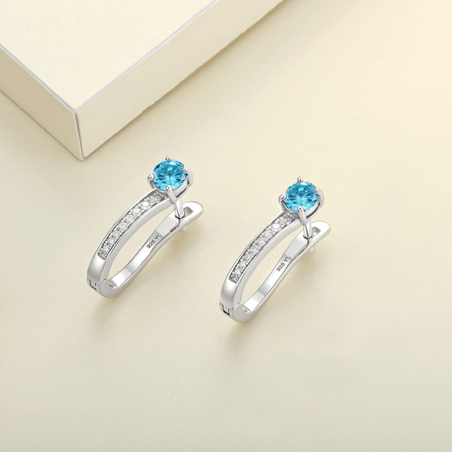 YL Created Blue Aquamarine Hoop Earrings for Women, Solid Sterling Silver U Shape Halo Huggie Birthstone Jewelry Gifts for Women Her