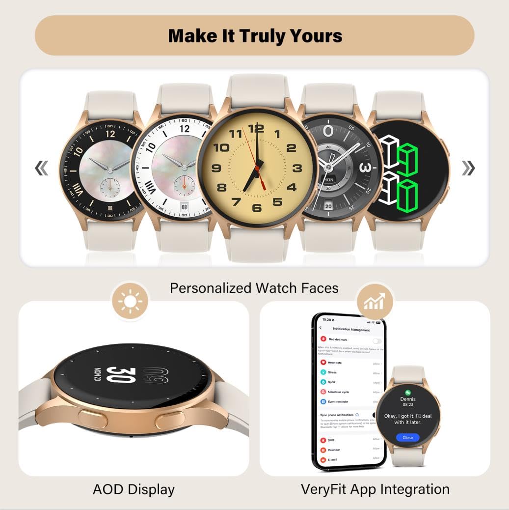 QIPOPC Smart Watch for Women Men, Built-in Alexa, GPS, HRV, VO2 Max, Blood Oxygen, Sleep & Stress Monitor, Compass, Altimeter, 1.32" AMOLED, Fitness & Women’s Health, iOS Compatible (Gold, 43mm case)