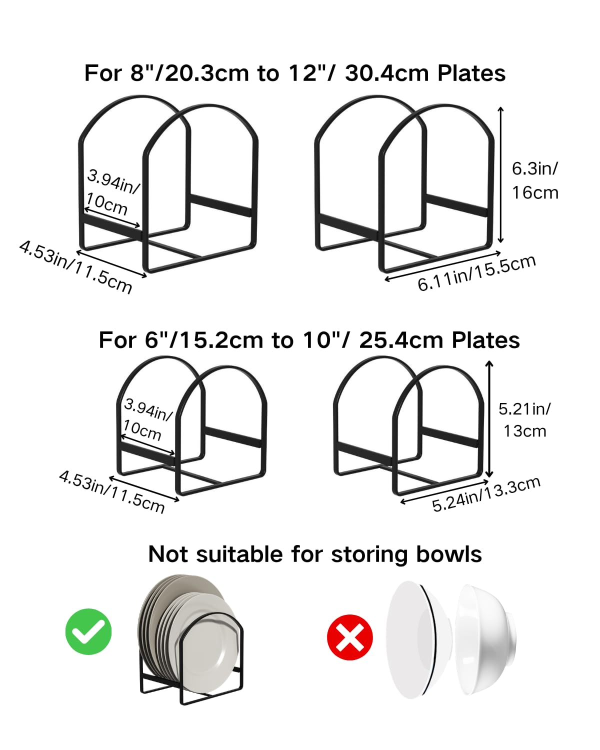 4 Pack Kitchen Plate Holder Organizer for Cabinet Space Saver Dinner Dish Plate Storage Rack Upright Dish Drying Racks Metal Dish Racks Stand for Cupboard and Countertop 2 Large 2 Small Black