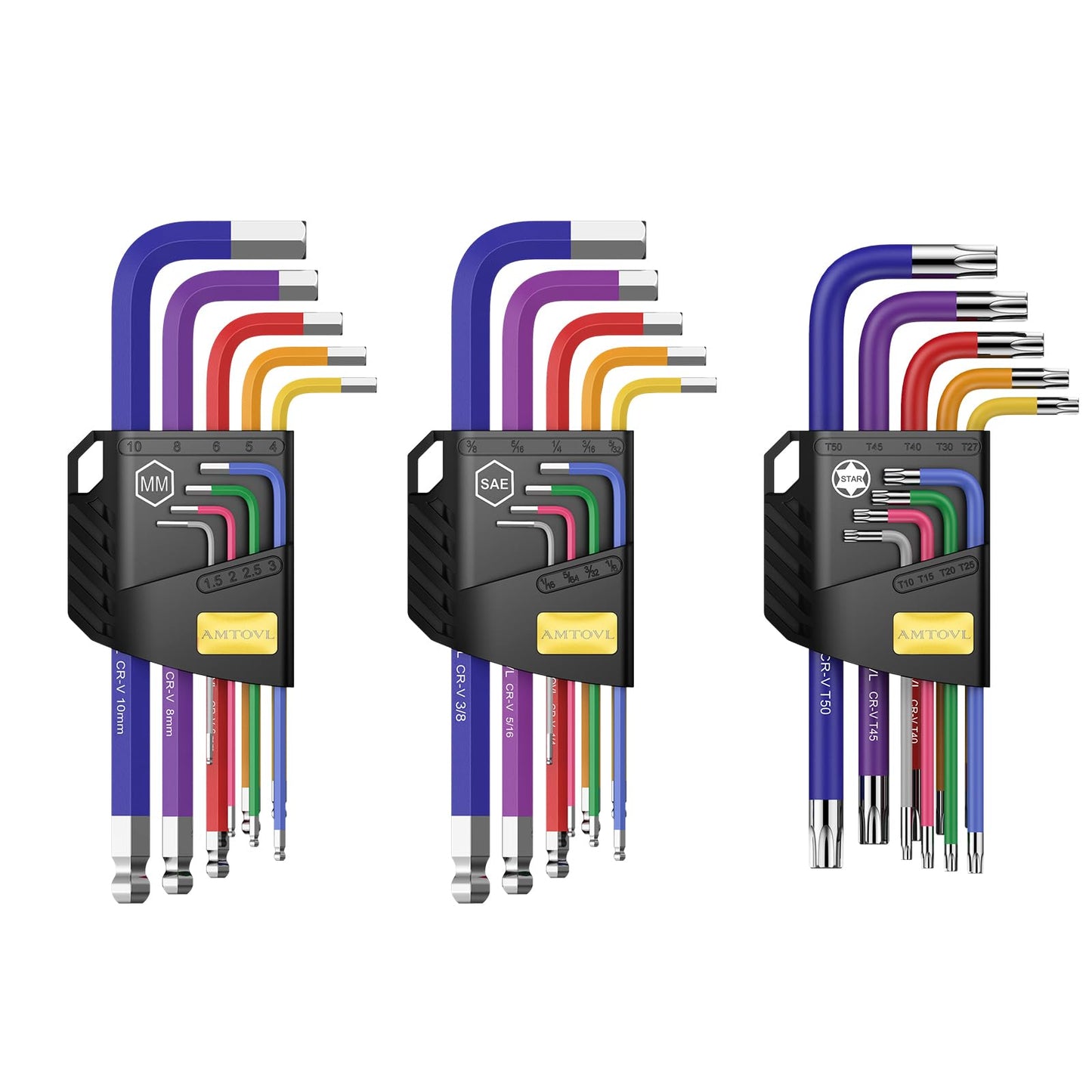 AMTOVL 27PCS Allen Key Set - Metric & SAE Allen Wrench Set, Extra Long Ball & Star End Hex Keys with T-Handle & Color Coding for Bicycle, Household DIY