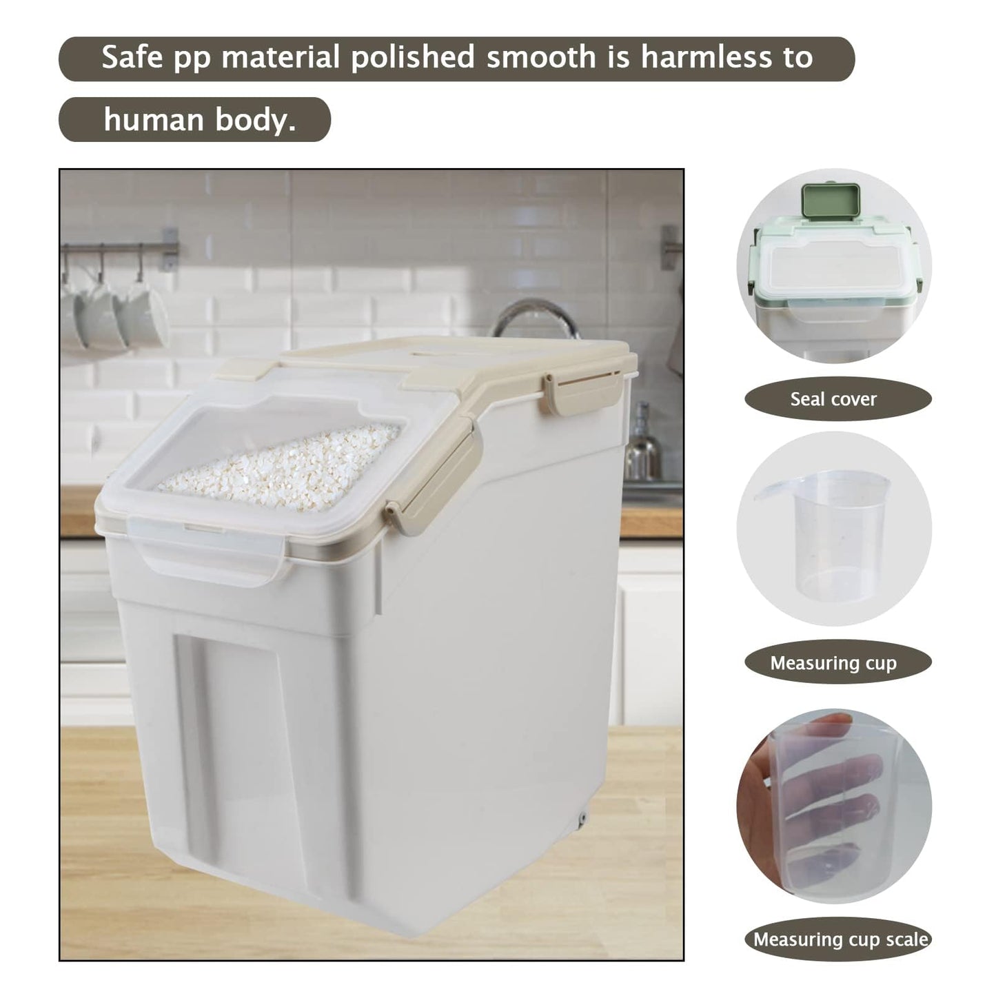 Flour Storage Container - 2Pack Rice Container 25 lbs, Flour Bin with Scoop & Wheels, Rice Dispenser for Kitchen Pantry Bulk Sugar, Cereal, Beans, Dog Pet Food Organizer - Gray