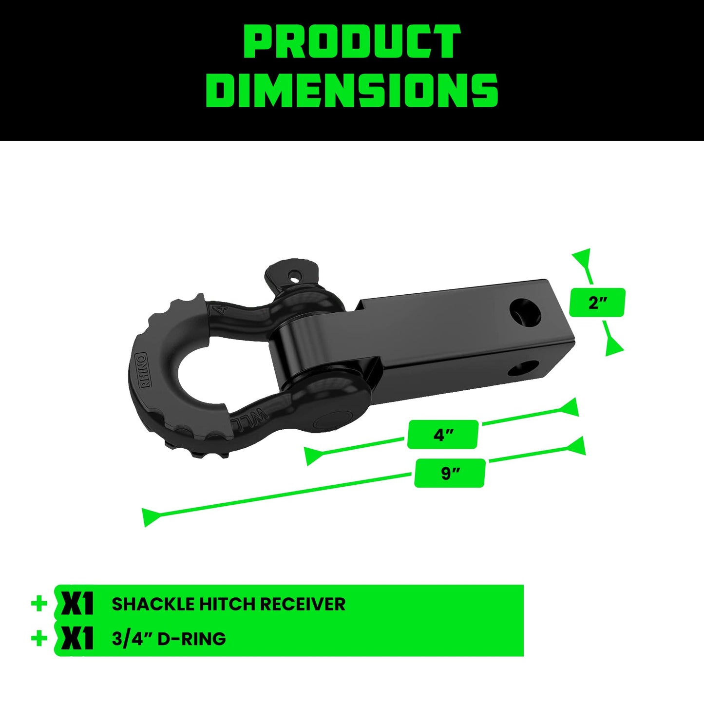 Rhino USA Shackle Hitch Receiver (Fits 2 Inch Receivers) Best Towing Accessories for Trucks, Jeep, Toyota & More - Connect Your Rhino Tow Strap for Vehicle Recovery, Mounts to 2 Inch Receiver Hitches