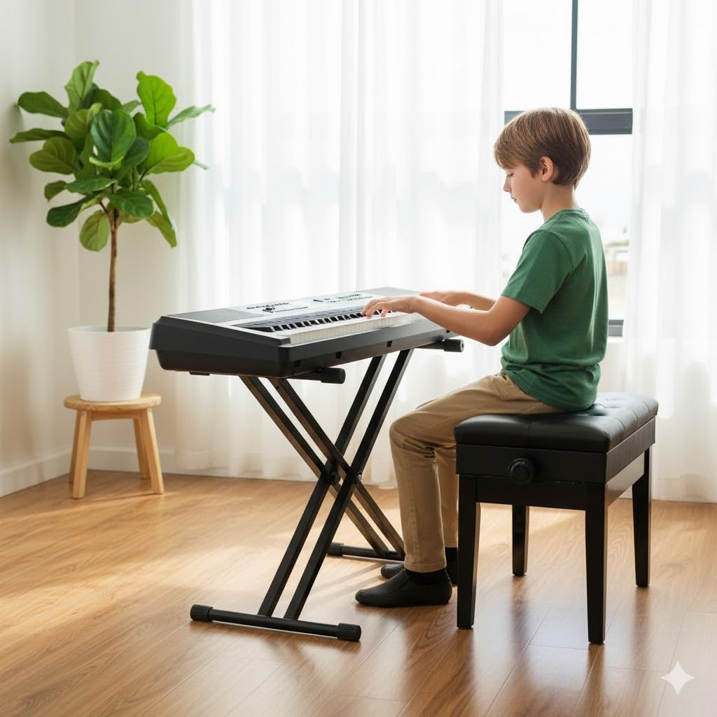 Kunova Heavy Duty, Double X, Pre-Assembled, Ready to Use, Height Adjustable Piano Keyboard Stand with Locking Straps, Black NO ASSEMBLE NEEDED