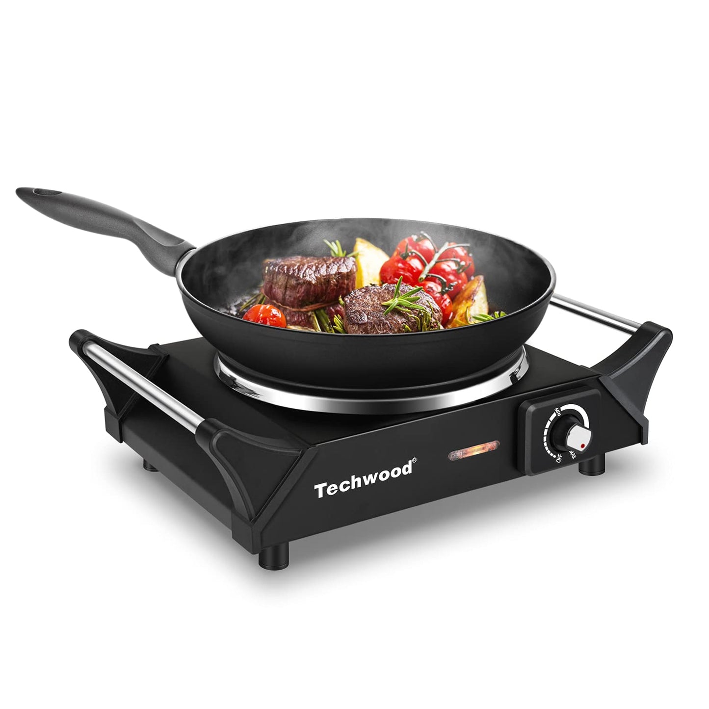 Techwood Hot Plate Electric Single Burner Portable Burner, 1500W with Adjustable Temperature, Stay Cool Handles, Non-Slip Rubber Feet, Black Stainless Steel Easy to Clean, Upgraded Version