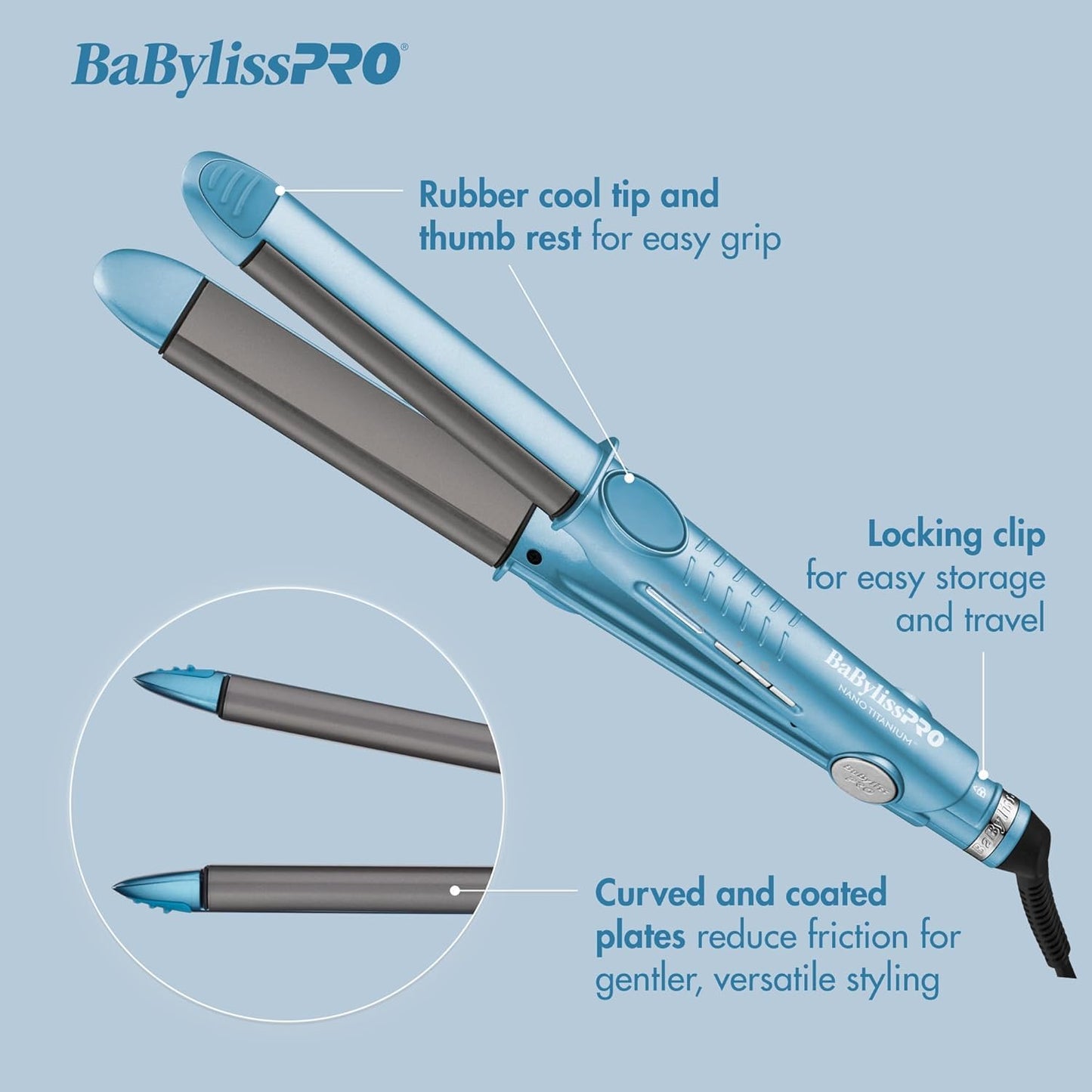 BaBylissPRO Nano Titanium and Ceramic U Style Dual Voltage Flat Iron with Unique Curved Side Plates for flips, waves and curls