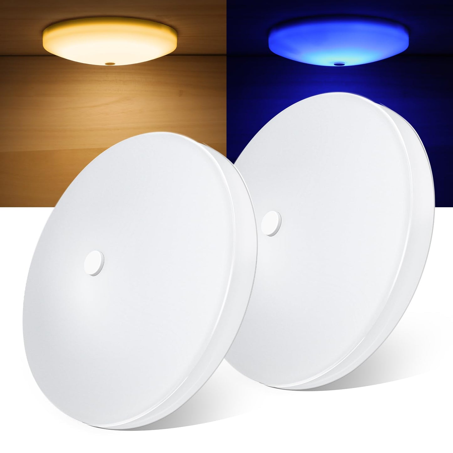 Obeaming RV LED Ceiling Dome Light 12V Dimmable Puck Light for Motorhome Camper Trailer Fifth Wheel Truck Coach Interior Lighting, Surface Mount CRI 90+ (3000K with Blue Light, 2-Pack)