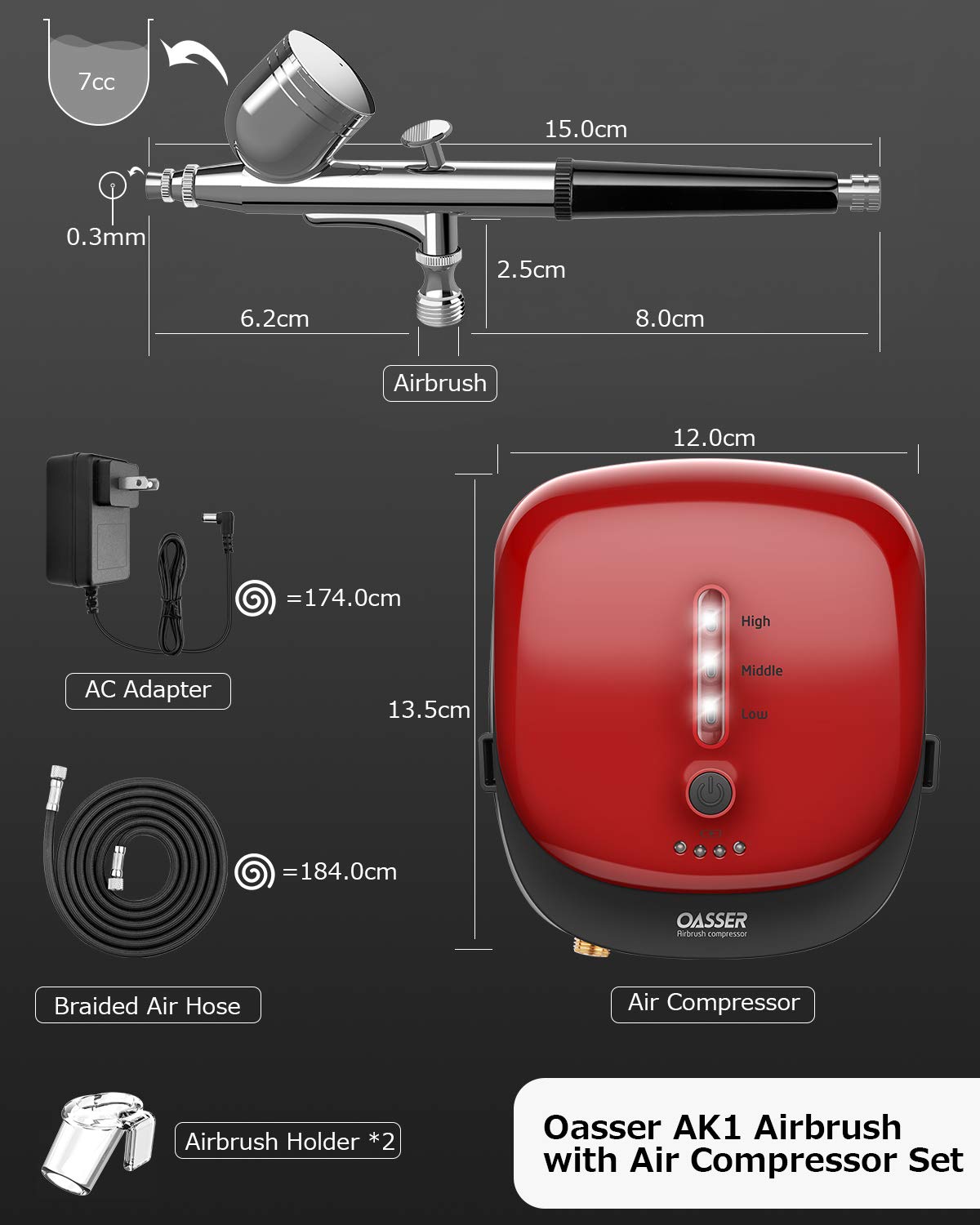 Oasser Airbrush Kit with Compressor 1000mAh Portable Airbrush Compressor Rechargeable with LED Lights for Painting Modeling Makeup Art Creation Suitable for Beginners Red