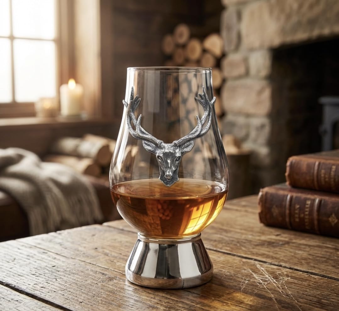 English Pewter Company Glencairn Whisky Glass 200ml With Pewter Stag Head and Base [WGP021]
