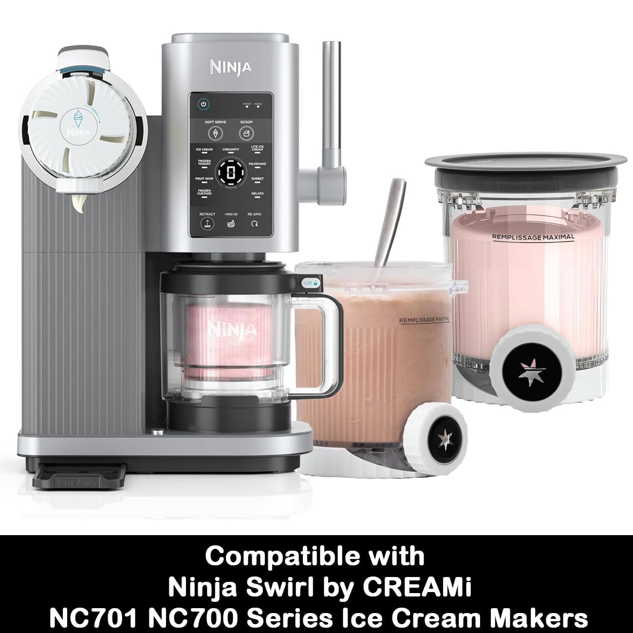 Replacement Pints and Lids (4 Pack) - Compatible with Ninja Swirl Creami NC700 Series Ice Cream Maker, BPA-Free, Dishwasher Safe (Includes Swirl Nozzles、Ice Cream soop)