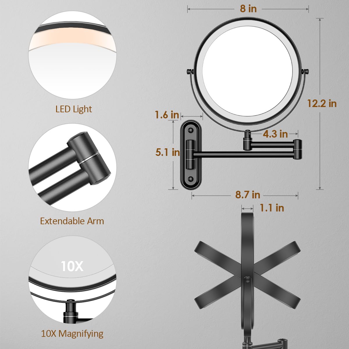 Rocollos Rechargeable Lighted Wall Mounted Makeup Mirror with 3 Color Lights,Dimmable Touch Screen,8 Inch LED Double Sided 1X/10X Magnifying 360°Flexible 13 Inch Retractable