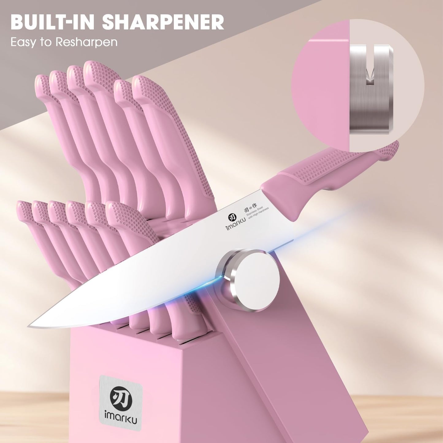 imarku Knife Set with Block, Sharp Knife Set with Built-in Sharpener, 14 PCS Japanese Stainless Steel Kitchen Knife Set, Dishwasher Safe, Pink, Ideal Home Cooking Gift for Mom