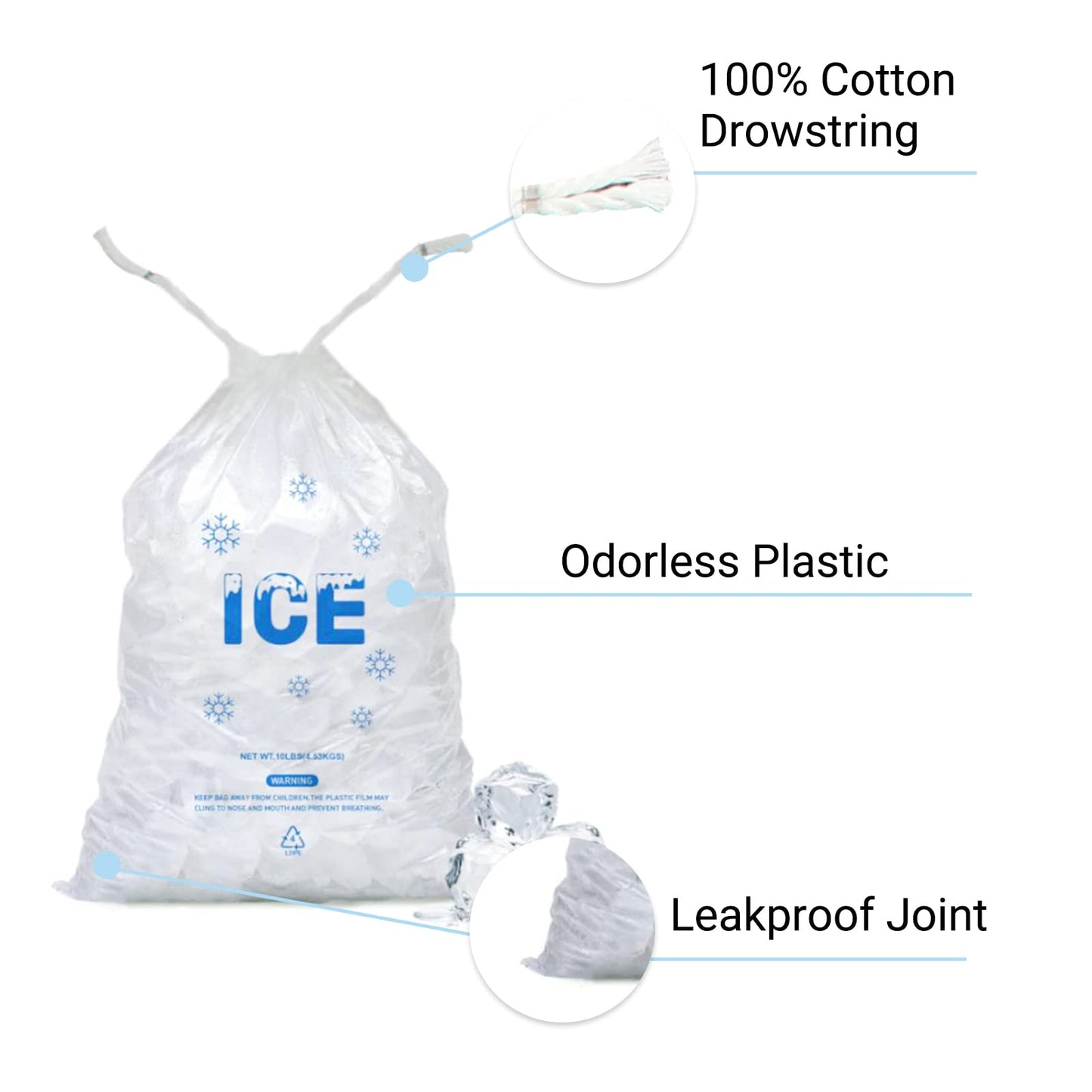 Belinlen 100 Pack 10 lb. Plastic Drawstring Ice Bags 12 x 21 Inch Heavy-Duty Plastic Ice Bags with Cotton Draw String (2mil Thickness)