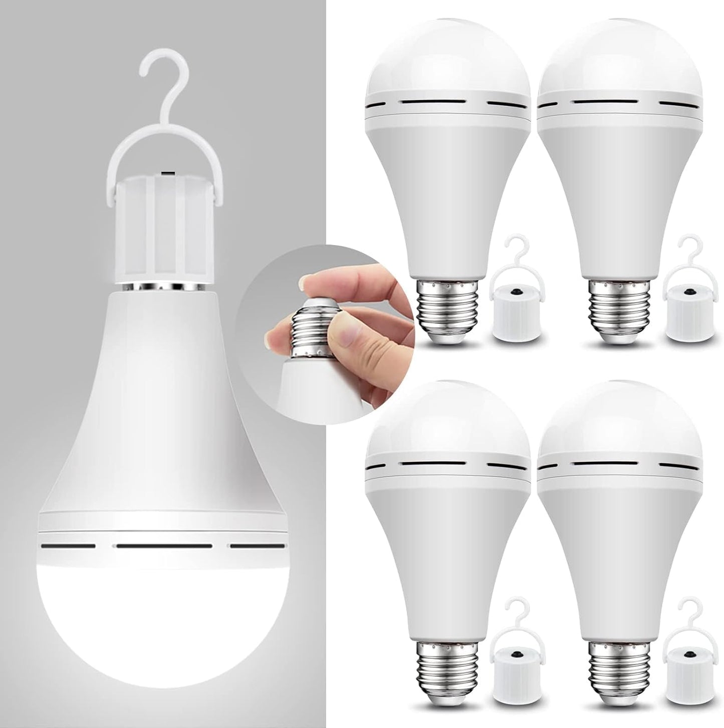 4 Packs Rechargeable Light Bulb, 15W 80W Equivalent LED 6000K Emergency Battery Light Bulb Stay Lights Up When Power Failure, 1200mAh Battery Operated Light Bulb for Home, Camping, Tent