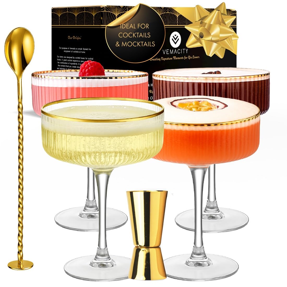 Vemacity Ribbed Espresso Martini Glasses Set of 4 with Gold Rims, Bar Spoon & Jigger | Coupe Cocktail Glass | Champagne Saucers | Ribbed Glassware | Coupe Glasses | Ideal for Martinis and Cocktails