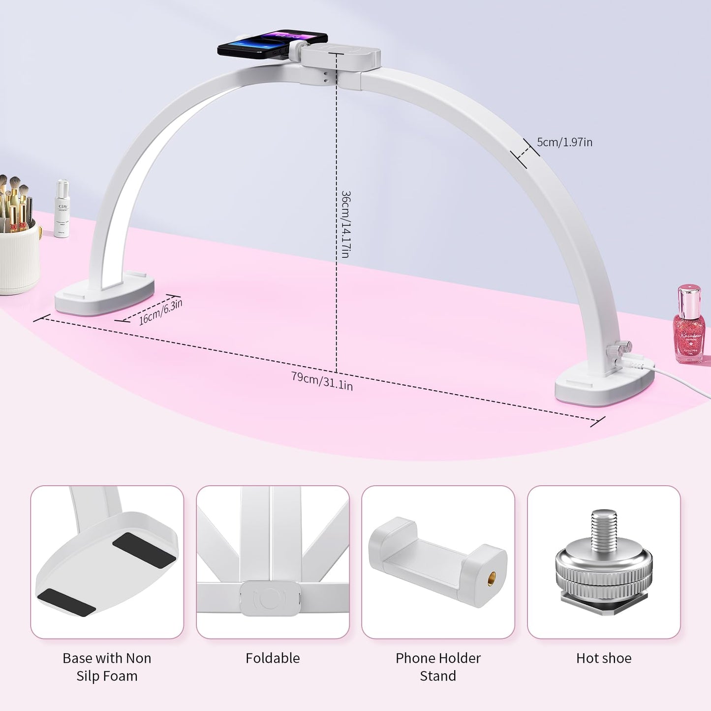 TideNaga Half Moon LED Light for Nail Tech, 31" Foldable Half Moon Nail Desk Lamp with Phone Stand Perfect for Beginner, Color Temperature/Brightness Stepless Adjustment Arch Tech Light (White)