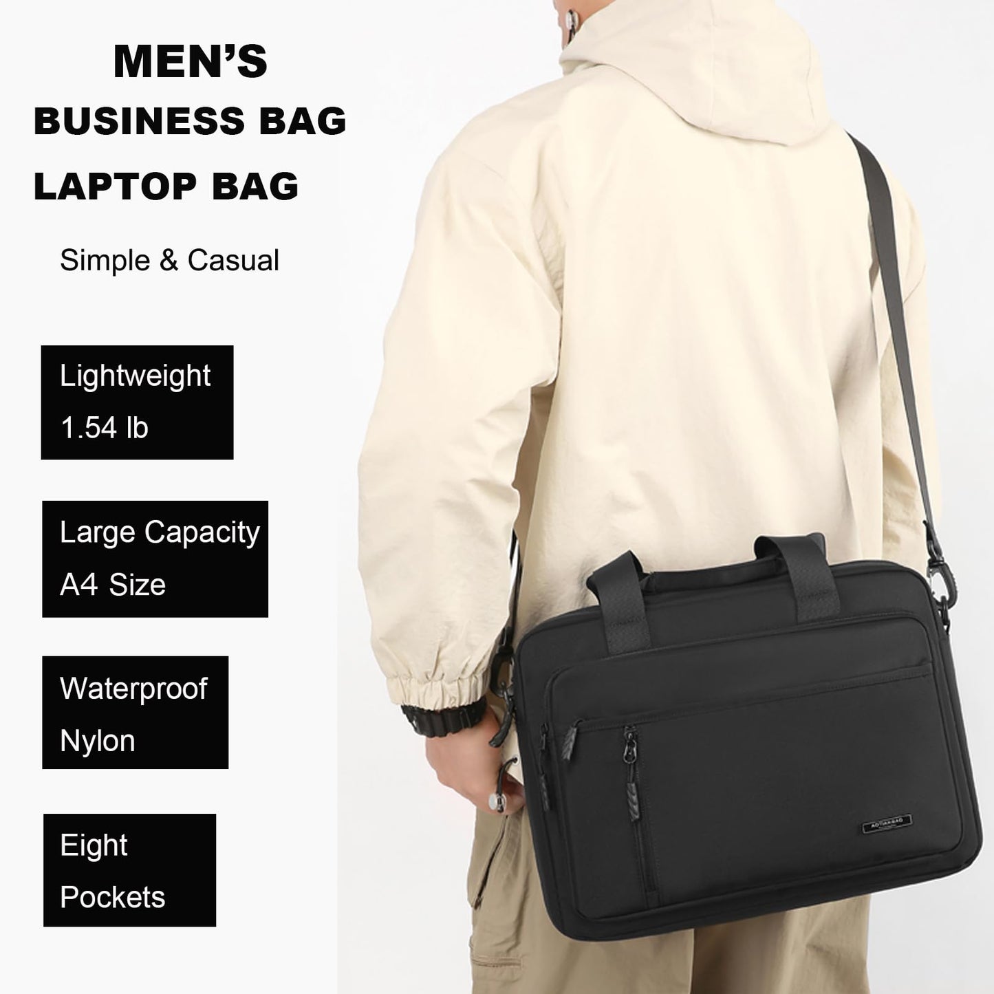Laptop Bag 14 Inch Briefcase for Men Women Waterproof Nylon Lightweight, Shoulder Messenger Handbag for Business Office Work Travel College Black