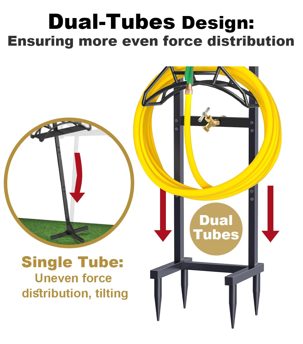 Artigarden Outdoor Garden Hose Holder Freestanding with Brass Faucet And 4 Spikes, Heavy Duty Metal Water Hose Reel Stand Hanger Rack Organizer Holds Storage 150ft Hose for Outside Yard Lawn, Black