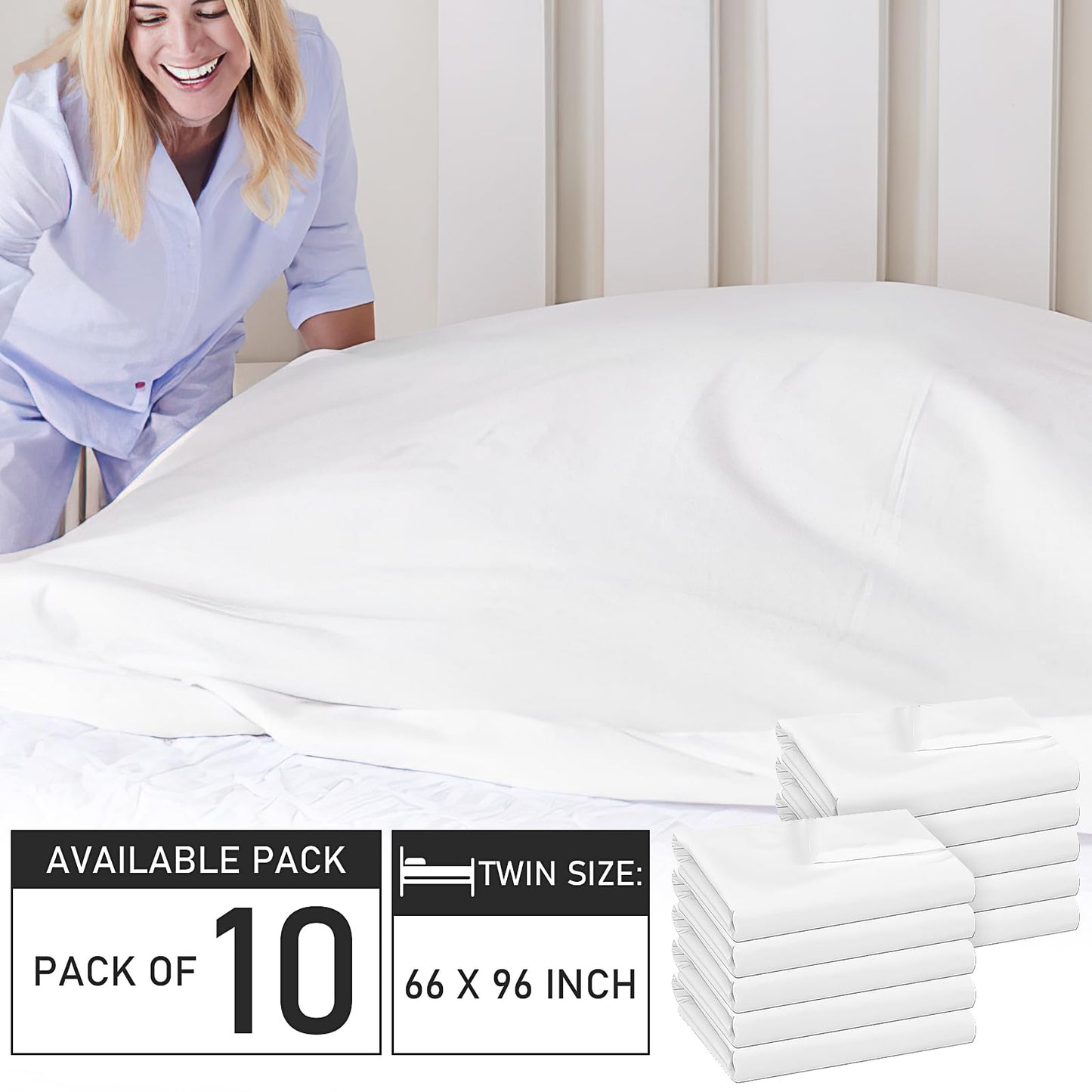 White Twin Flat Sheets Only - 10 Pack Top Sheets Bulk - Soft Brushed Microfiber - Bedding Essentials- Wrinkle & Stain Resistant for Hospital, Massage Table, Hotel, Airbnbs, Home, Travel (66x96)