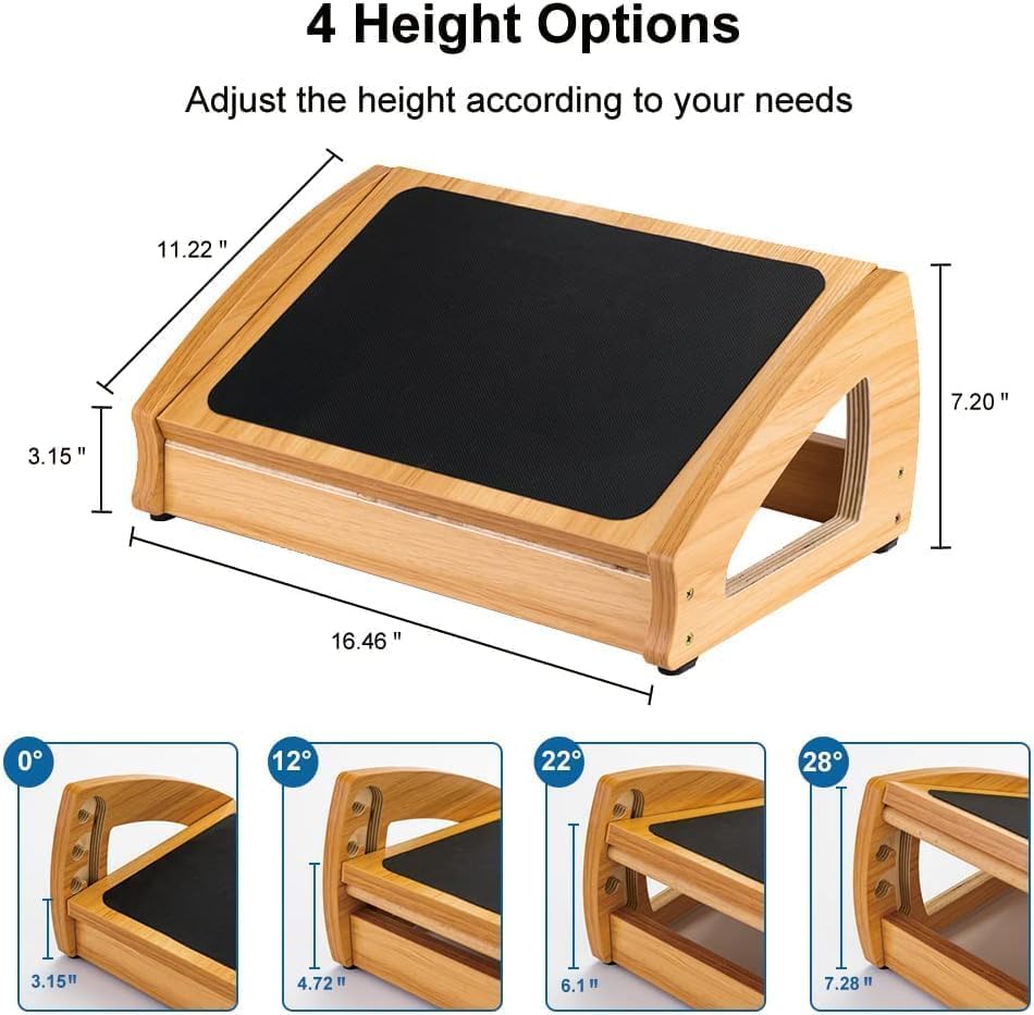 StrongTek Adjustable Under Desk Footrest, Ergonomic Foot Rest for Under Desk with 3 Height Position, Wooden Foot Stool Under Desk with Anti-Slip Surface, Adjustable Foot Stool for Home Office, Natural