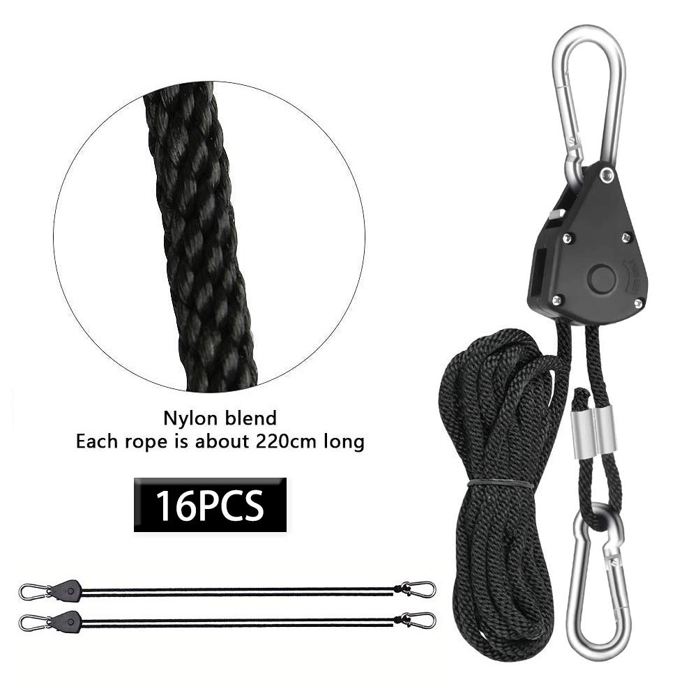 8 Pairs 1/8 Inch Adjustable Heavy Duty Ratchet Hanger Grow Light Fixtures Rope Clip Hangers Hanging Ropes for Gardening Grow Plant Fan Reflectors Filter Tent,150lbs Weight Capacity